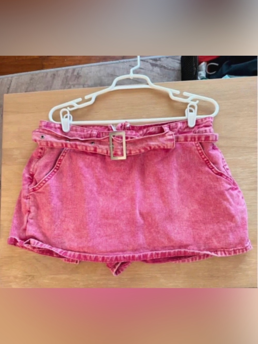 Pink Denim Belted Mini Skort